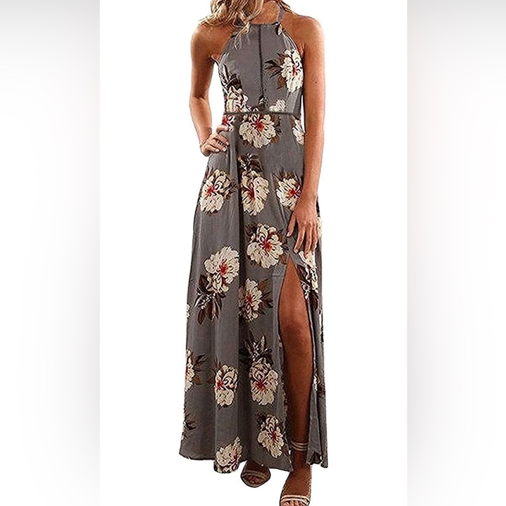 NWT Women's Halter Neck Floral Print Backless Split Beach Party Maxi Dress